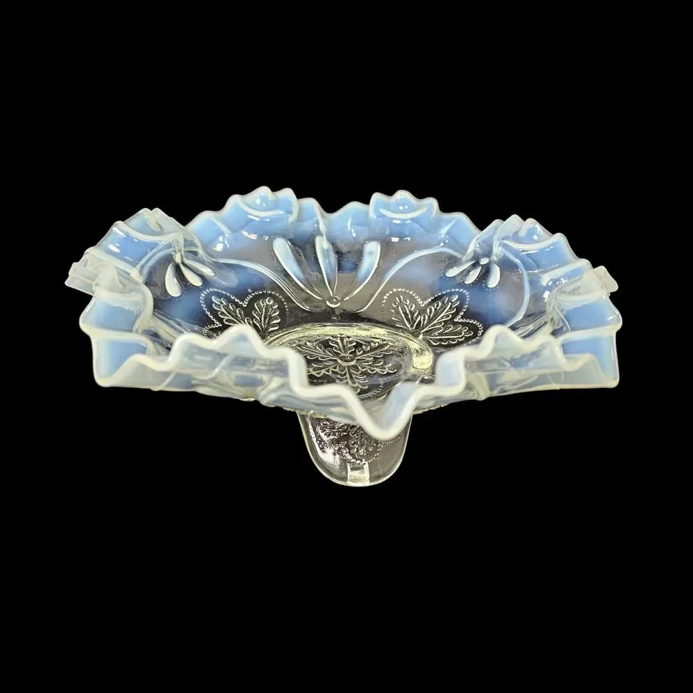 Northwood Meander Style White Opalescent Glass‎ Spatula Footed Bowl 2294B